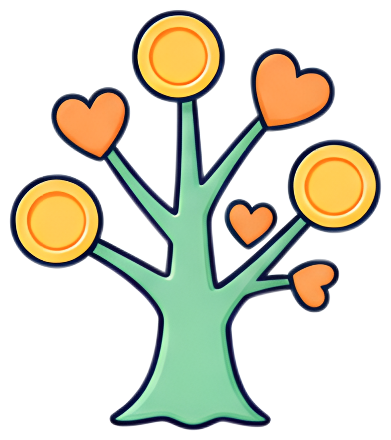 A whimsical tree features coins and hearts instead of traditional leaves, with a vibrant green trunk and branches. The tree is adorned with yellow coins and red hearts, creating a playful and colorful