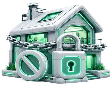A modern house secured with a large padlock and chain, featuring a prominent 'forbidden' symbol in a circular design. The scene glows with emerald neon accents against a dark background, highlighting 
