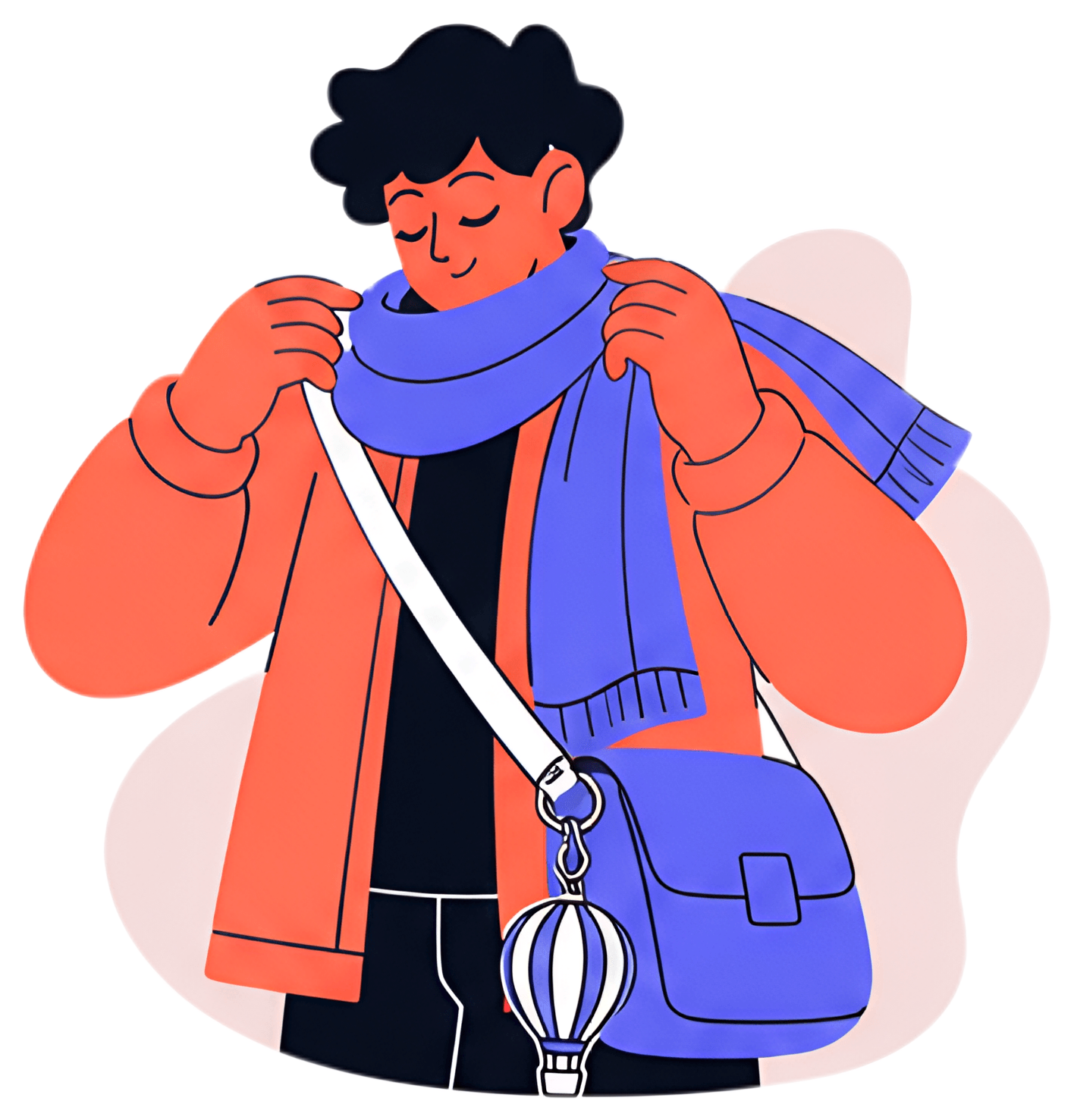 A cheerful wanderer adjusts a blue and purple scarf around their neck, wearing an orange jacket. A small hot air balloon charm dangles from their stylish bag, adding a whimsical touch to their outfit.