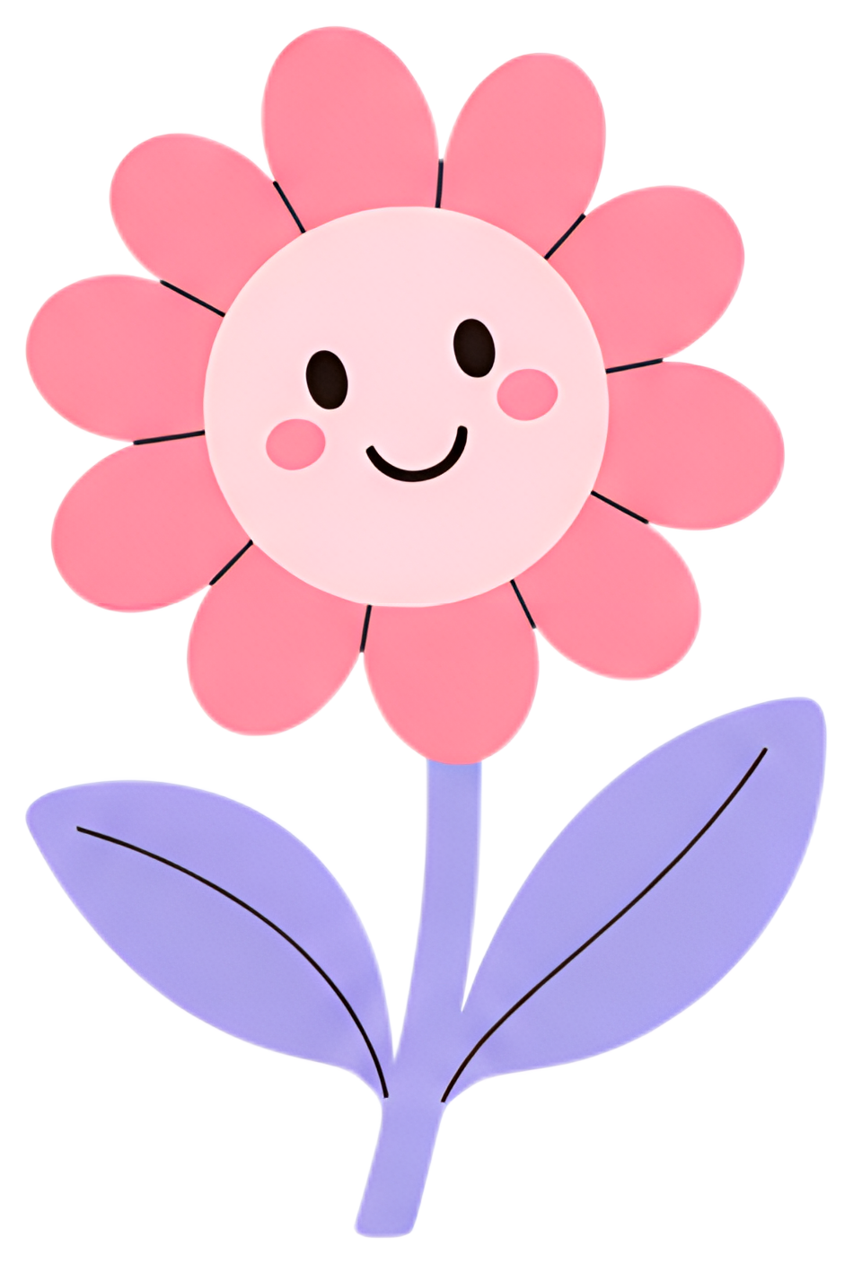 A cheerful sunflower with a pink flower and a smiling face, featuring rosy cheeks and a simple design with a light purple stem and leaves. The overall look is playful and friendly, perfect for a fun,