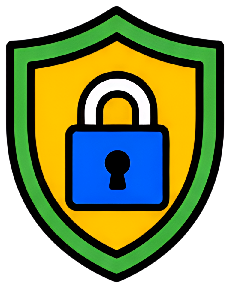 A vibrant shield with a yellow background, bordered by green. In the center, a blue padlock stands out, complemented by black details, emphasizing security and protection.