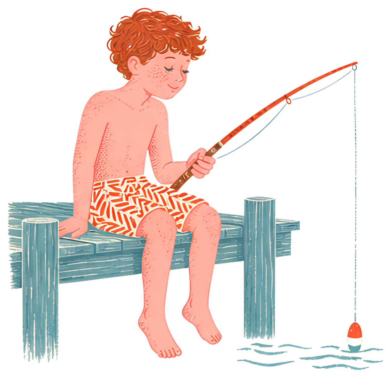 A freckled boy sits on a wooden pier, fishing with a rod. He is barefoot and wears patterned swim shorts, while smiling as he dangles a fishing line above the water.