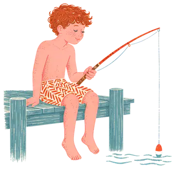 Freckled boy fishing on a pier