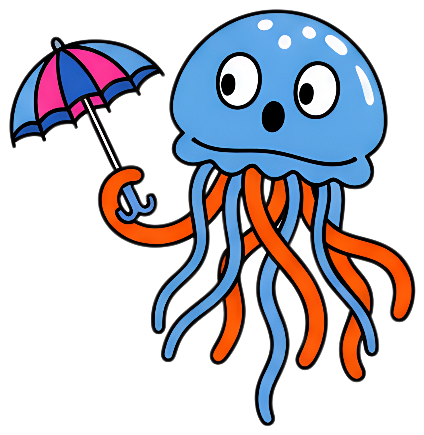 A whimsical blue jellyfish with a surprised expression holds a pink and blue umbrella. Its long orange and blue tentacles sway around it, contributing to a cheerful and playful vibe.