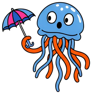 A whimsical blue jellyfish with a surprised expression holds a pink and blue umbrella. Its long orange and blue tentacles sway around it, contributing to a cheerful and playful vibe.