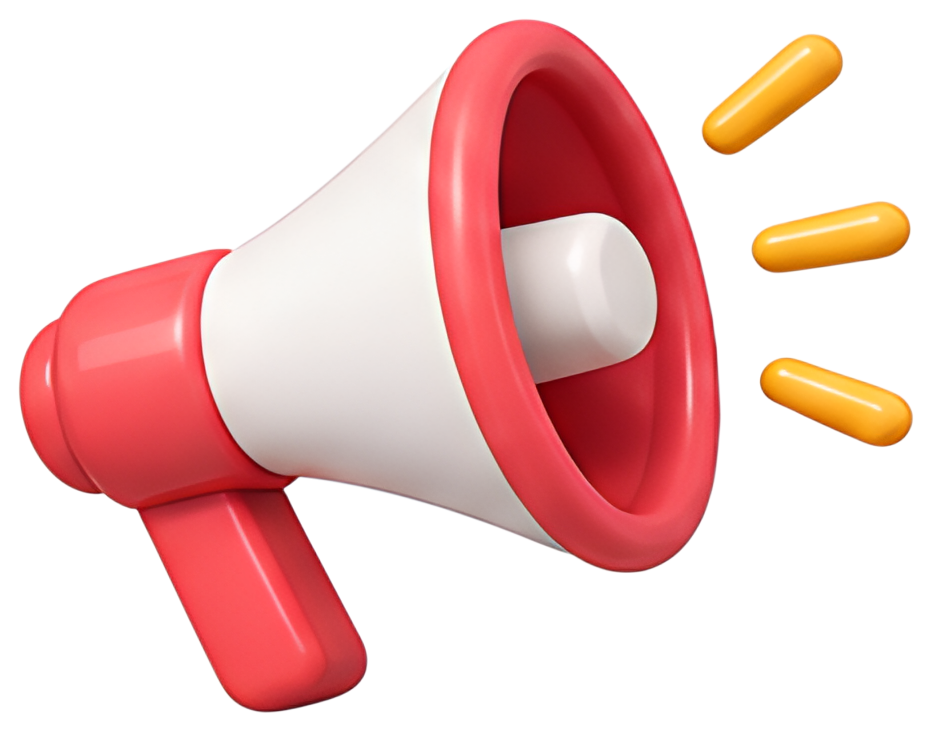 A vibrant pink megaphone with a white body and a bright yellow sound effect symbolizing announcement or amplification. The design is playful and modern, emphasizing the megaphone's loudness visually.