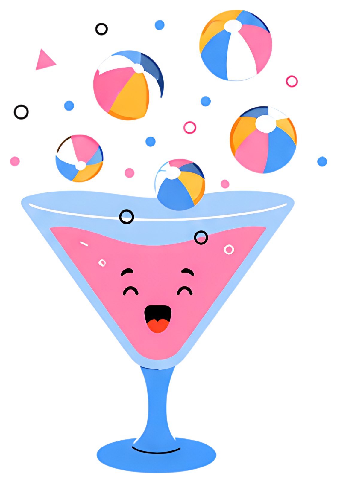 A cheerful cocktail glass filled with pink liquid features a smiling face. Bubbles rise from the drink, each containing mini beach balls in vibrant colors including pink, blue, yellow, and white, set‰