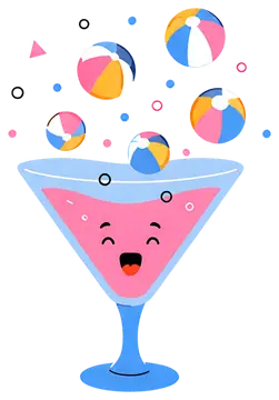 A cheerful cocktail glass filled with pink liquid features a smiling face. Bubbles rise from the drink, each containing mini beach balls in vibrant colors including pink, blue, yellow, and white, set‰