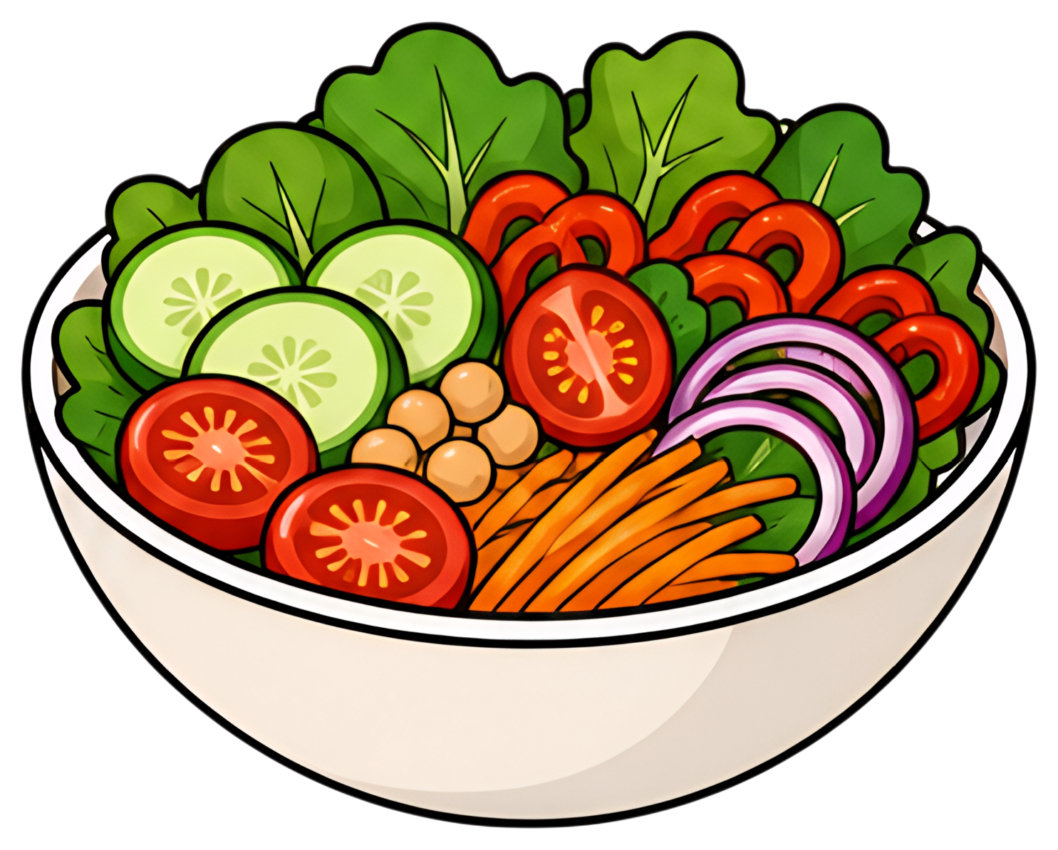 A colorful salad bowl filled with fresh greens, sliced cucumbers, ripe tomatoes, bright red peppers, shredded carrots, and red onion rings. The ingredients are arranged beautifully, showcasing a mixof