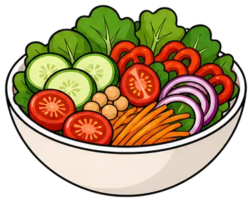 A colorful salad bowl filled with fresh greens, sliced cucumbers, ripe tomatoes, bright red peppers, shredded carrots, and red onion rings. The ingredients are arranged beautifully, showcasing a mixof