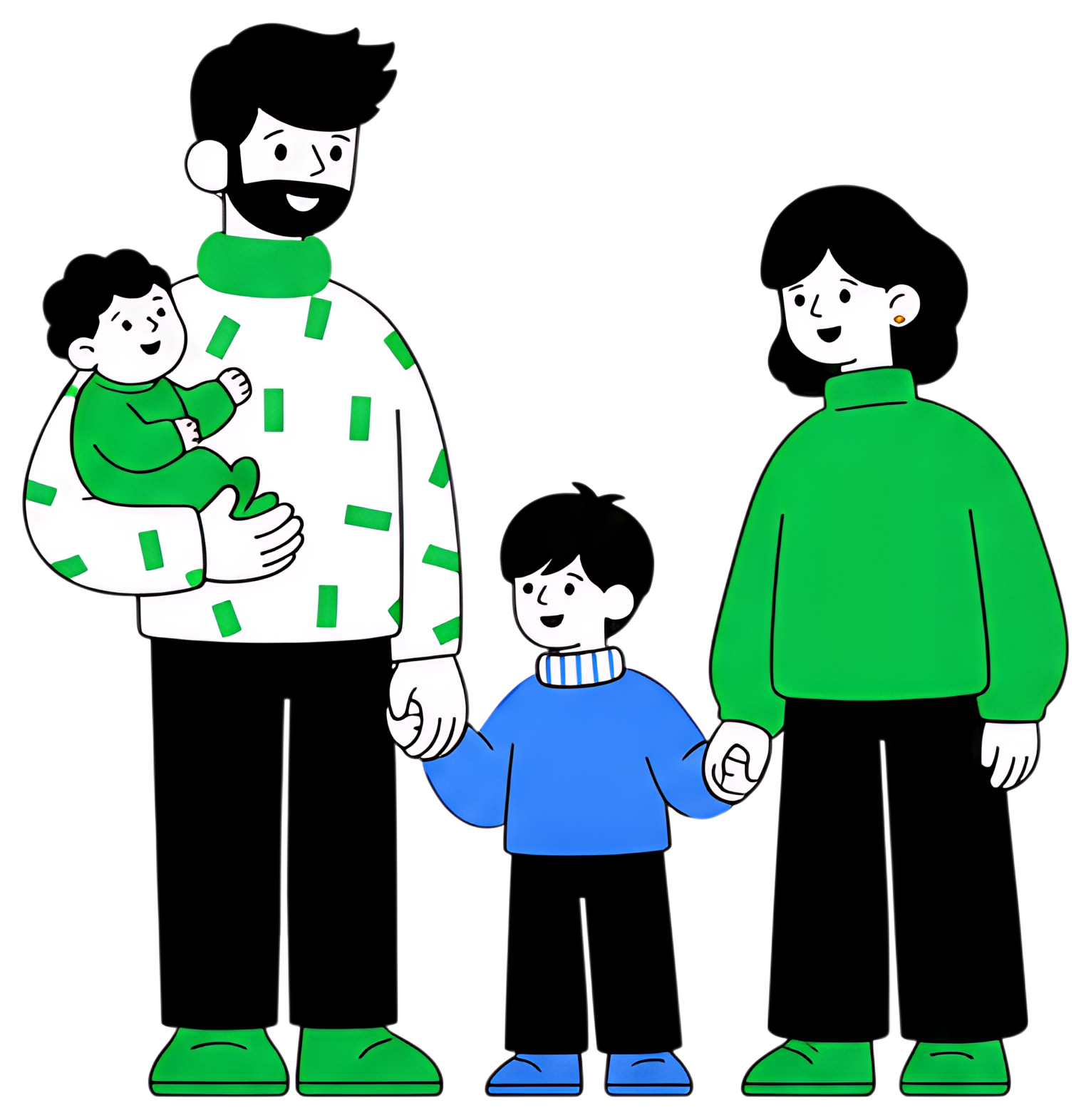 A cheerful family of four stands together, with the father holding a baby and the mother holding a toddler's hand. The father wears a patterned sweater while the others don bright, colored outfits, ex
