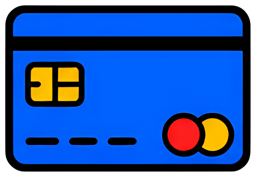 A stylized illustration of a blue credit card featuring a yellow chip, black outlines, and colorful logo elements including red and yellow circles at the bottom right. The card design is minimalistic,
