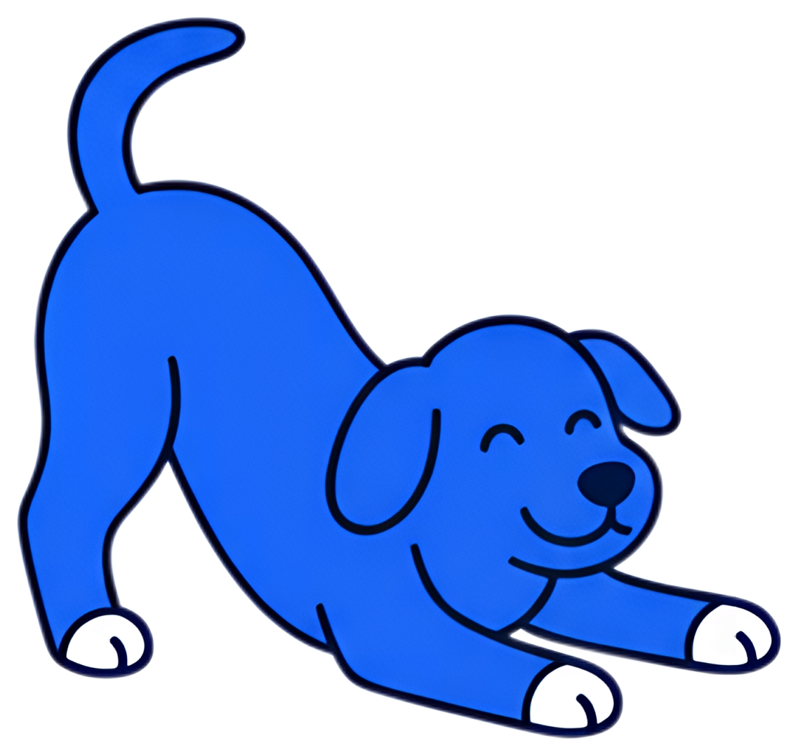 A playful blue cartoon dog is depicted in a stretching pose, with its tail raised and a cheerful expression. The dog's paws feature white accents, and the outline is bold, contributing to its cartoon-
