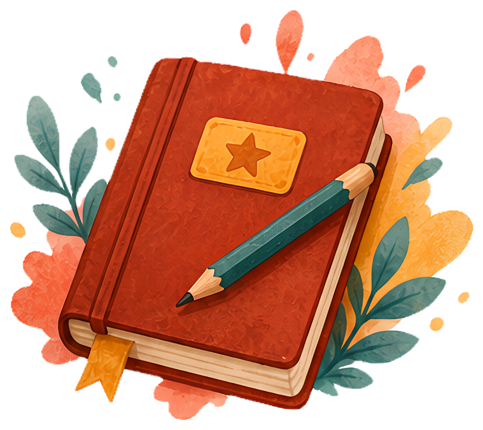 A closed sketchbook in deep red with a star-shaped emblem on the cover. A teal pencil rests on top, and a ribbon bookmark peeks out. Surrounding the notebook are colorful floral splashes and leaves, a