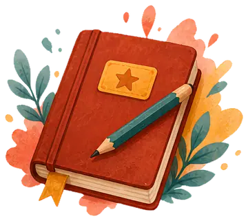 A closed sketchbook in deep red with a star-shaped emblem on the cover. A teal pencil rests on top, and a ribbon bookmark peeks out. Surrounding the notebook are colorful floral splashes and leaves, a