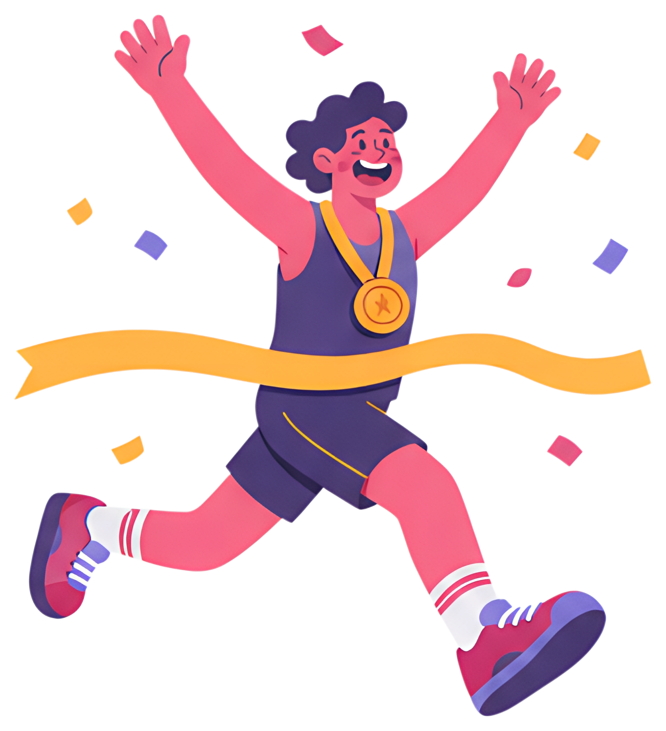 A jubilant character with arms raised runs across the finish line, wearing a medal that bounces around their neck. Confetti celebrates their victory, adding a festive touch to the scene.