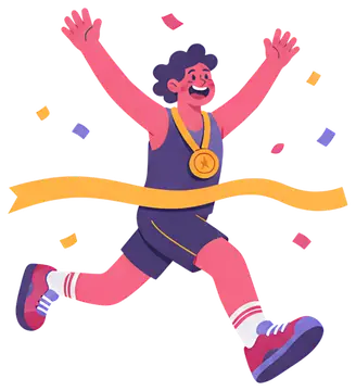 Joyful character crossing the finish line
