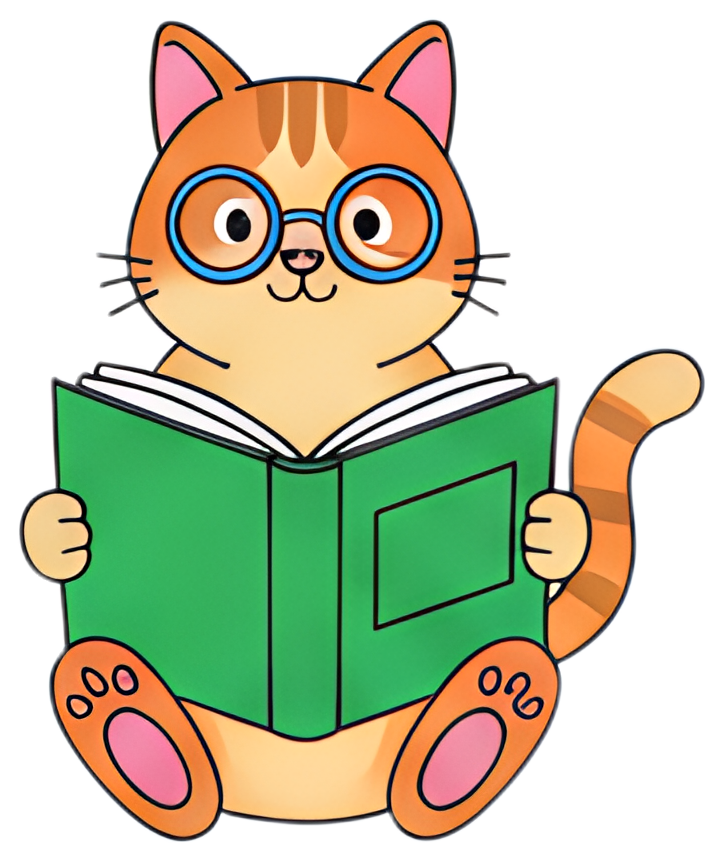 A playful cartoon cat with orange stripes is sitting and reading a green book while wearing large round glasses. The cat has pink paws and a cheerful expression, adding to the whimsical feel of the,