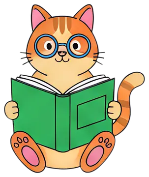 Cute cat wearing glasses reading a book