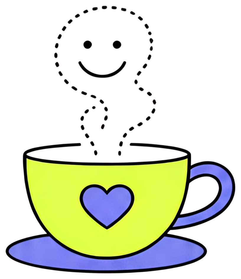 A cheerful coffee cup is overflowing with warm steam that forms a smiley face above it, symbolizing comfort and happiness. The cup features a heart motif, adding to the warm aesthetic with vibrant, zf