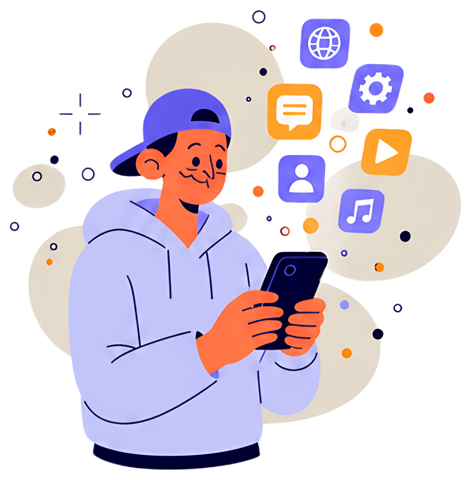A person wearing a cap and a hoodie is smiling while holding a glowing smartphone. Floating app icons in various colors are visible around the phone, creating a dynamic and tech-friendly atmosphere.