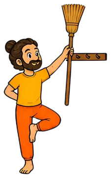 A cheerful yoga instructor balances in a tree pose, holding a broomstick above his head. He wears a bright orange outfit and has a joyful expression, showcasing a playful and whimsical style.