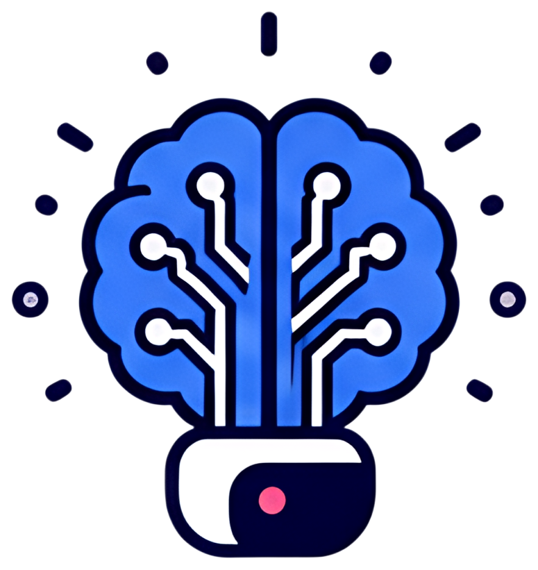 A stylized brain with circuit patterns glows in blue, with white connections branching out and a black base featuring a red dot. The background is transparent, emphasizing the vibrant design of the AI