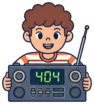 A young boy with curly hair smiles while holding a radio receiver that displays the number '404' in bright green. He wears a striped shirt, adding a cheerful touch to the scene, and the radio features