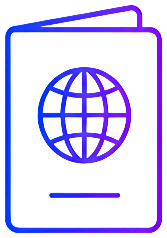 A minimalist icon representing a passport featuring a globe design on the front cover. The illustration uses a blend of purple and blue colors with a clean, modern aesthetic.