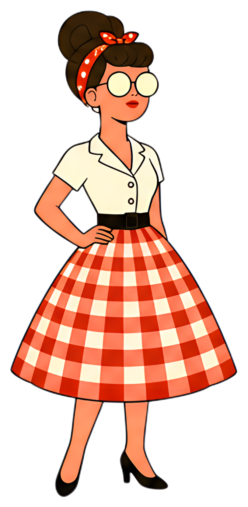A stylish girl from the 1950s, featuring a high bun hairstyle adorned with a polka dot hairband. She wears a checkered sun skirt in red and white, a fitted white blouse, and black high heels, striking