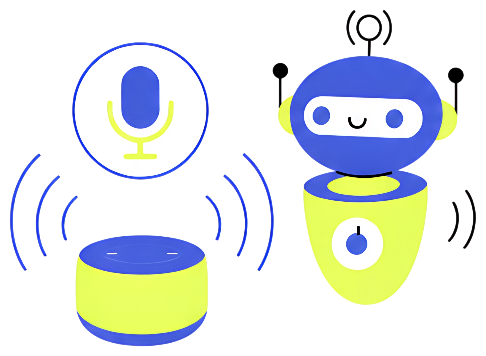 A cheerful voice assistant depicted as a robot, featuring pulsating sound waves around a microphone icon and a speaker. The robot is primarily blue and yellow, showcasing an engaging and friendly look