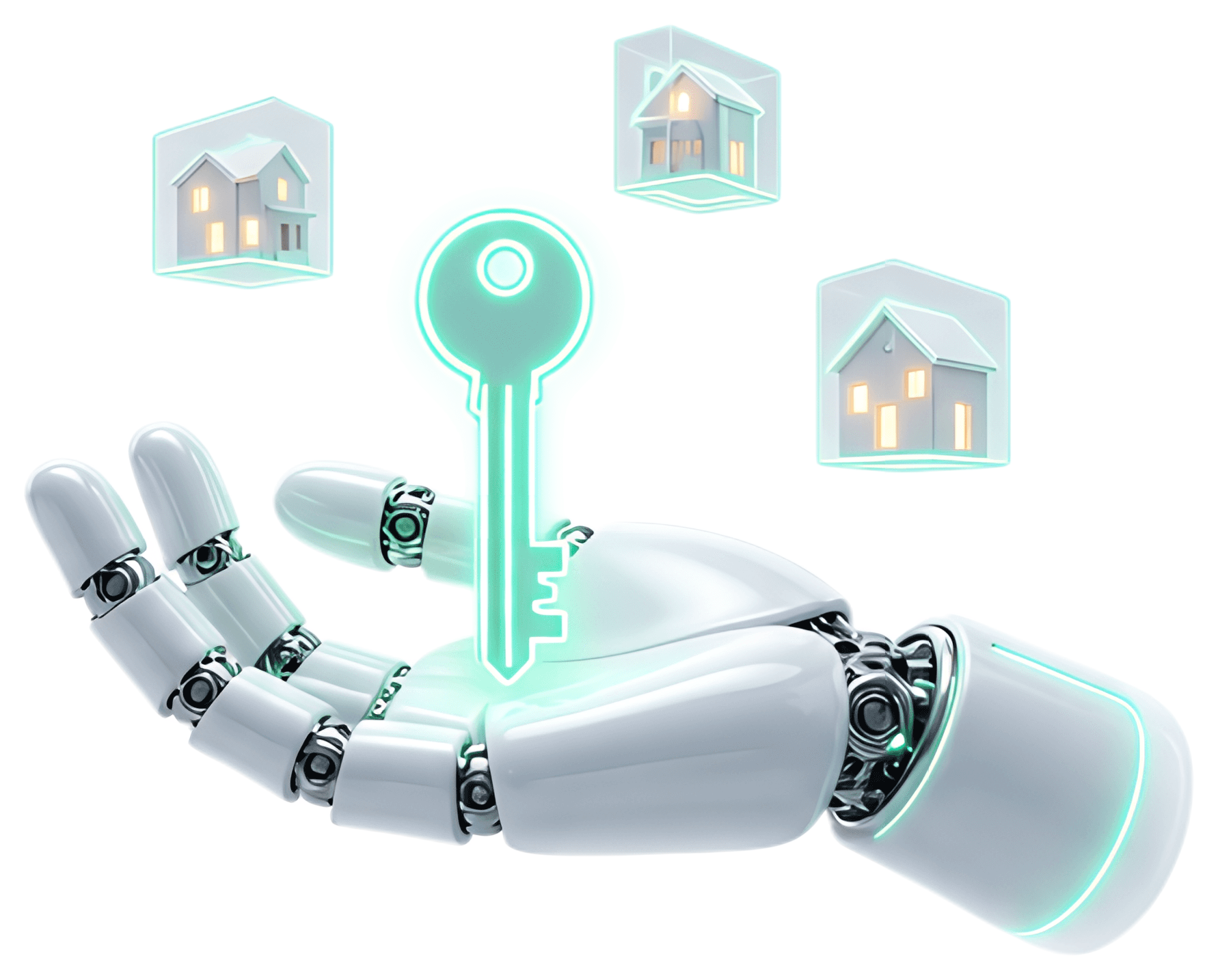 A white 3D robotic hand holds a glowing key with neon green details, surrounded by floating house icons that add a whimsical touch. The key emits a soft luminescence, enhancing the futuristic theme.