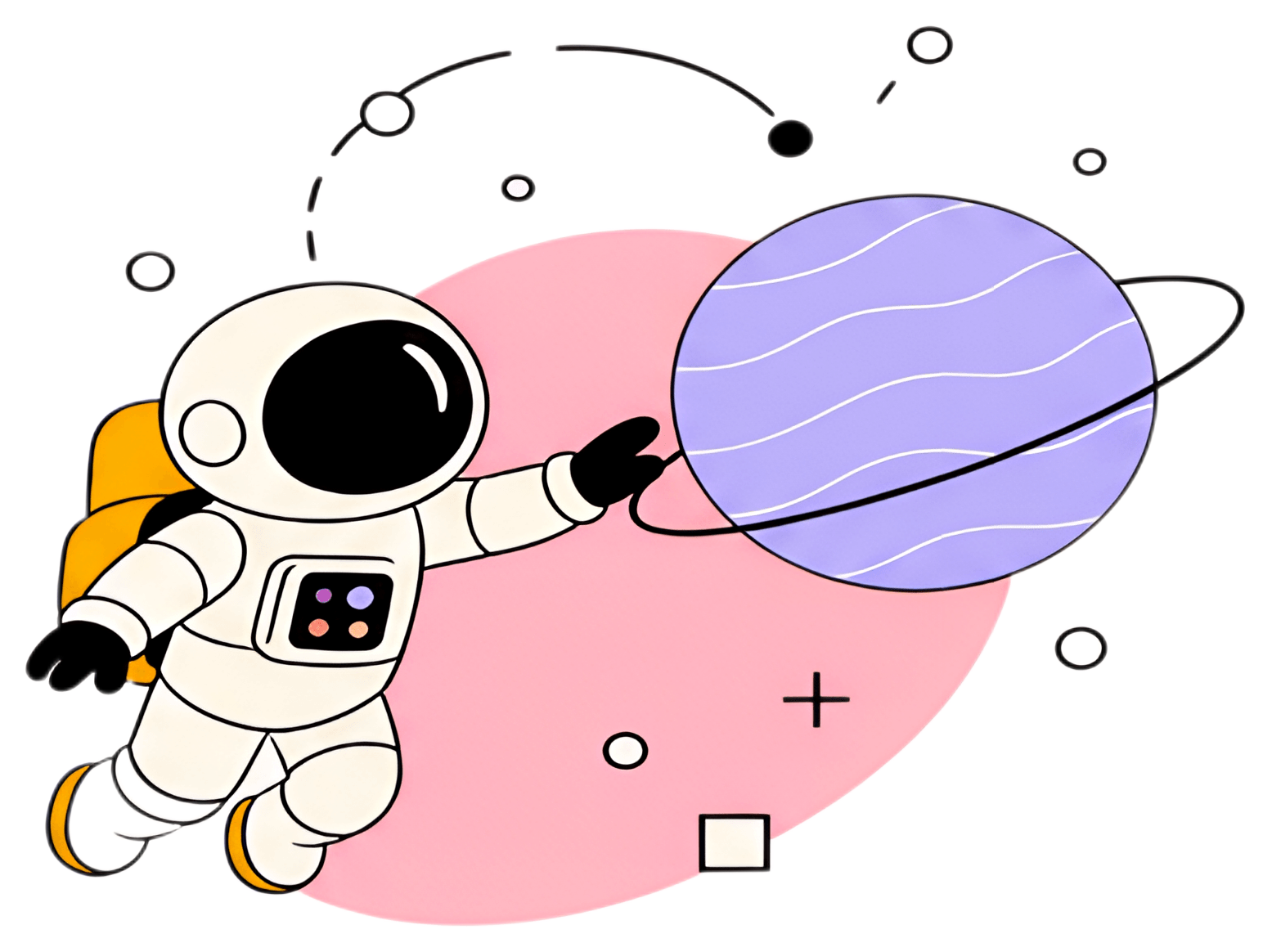 A whimsical astronaut floats in space, extending a hand towards a shimmering purple planet with white rings. The astronaut is dressed in a classic space suit, complemented by a vibrant orange backpack