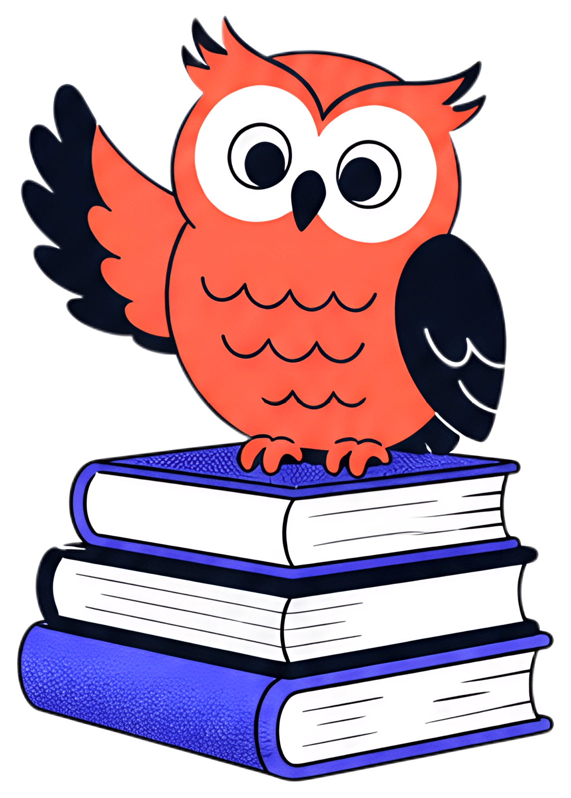 A cheerful cartoon owl with orange feathers and a black wing is perched on a stack of blue and white books, one wing raised in a friendly greeting. The owl has large, expressive eyes that contribute a