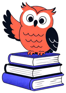 A cheerful cartoon owl with orange feathers and a black wing is perched on a stack of blue and white books, one wing raised in a friendly greeting. The owl has large, expressive eyes that contribute a