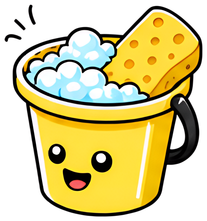 A cheerful yellow bucket filled with light blue soapy water, featuring a small sponge with holes resting on its rim. The bucket has a friendly smiling face, giving it a playful and inviting appearance