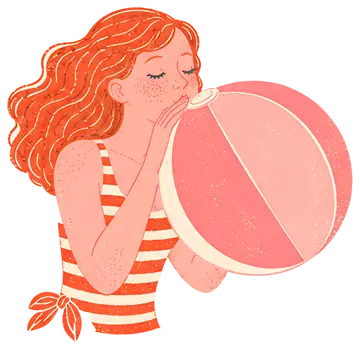 Girl in Striped Swimsuit Inflating Pink Beach Ball