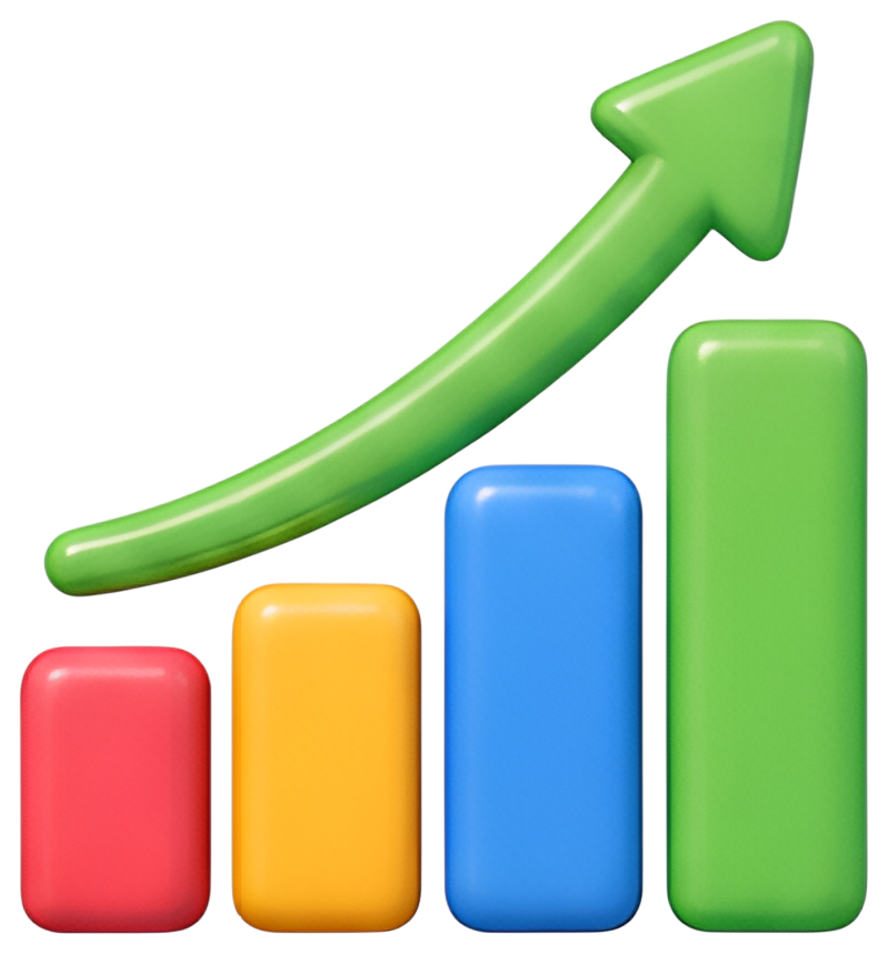A vibrant growth chart featuring bars in red, yellow, blue, and green, topped with a curved green arrow pointing upwards. The bars vary in height, representing growth visually with a glossy, modern 3D