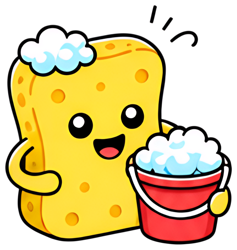 A cute yellow sponge character with cartoonish eyes and a wide smile, happily holding a small red bucket filled with soapy water. The sponge features light blue bubbles on top and has a playful pose,,