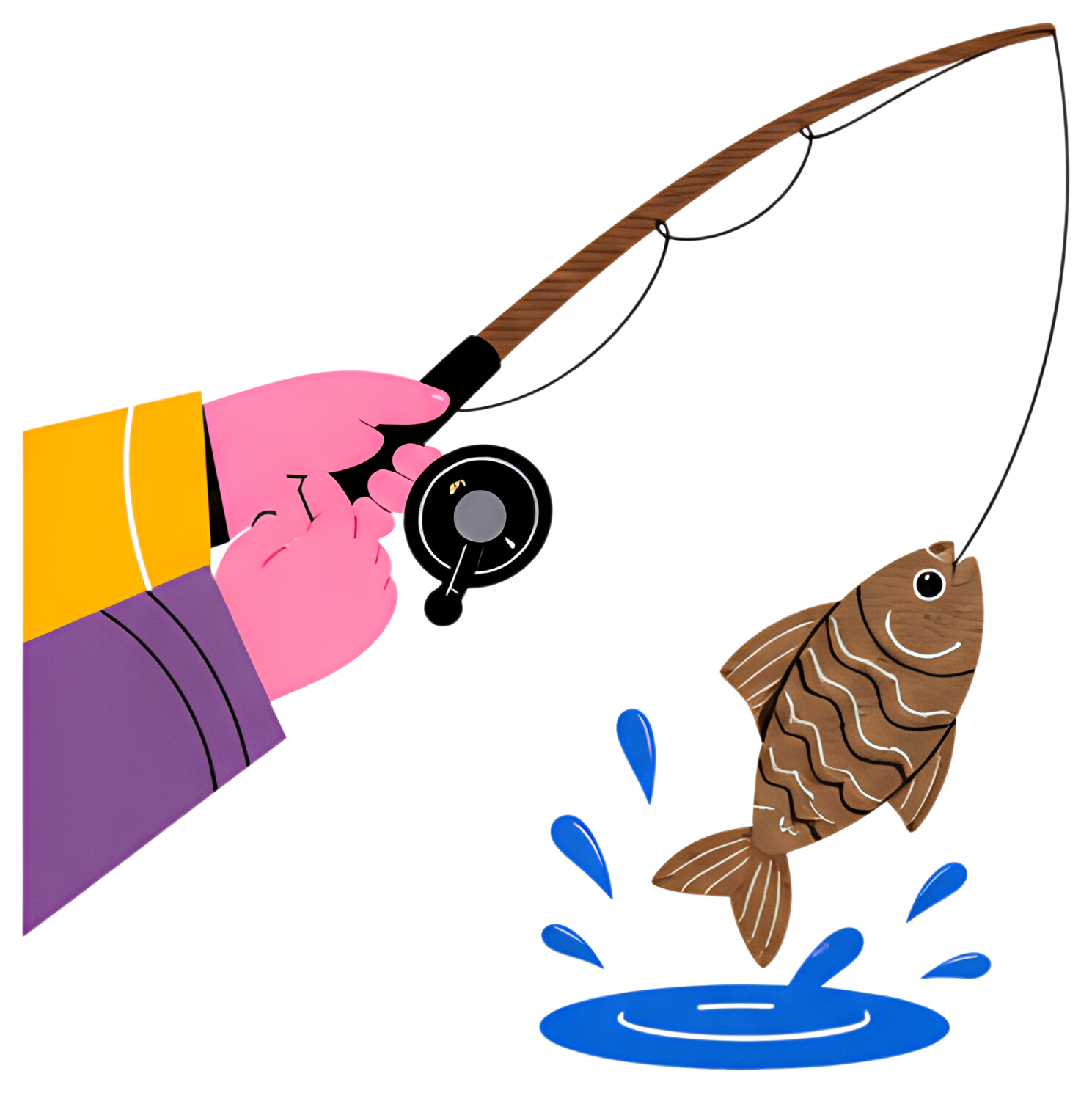 A close-up view of a pink hand gripping a fishing rod, reeling in a fish that is leaping out of the water. Splashing water droplets are visible around the fish, adding to the dynamic action of the out