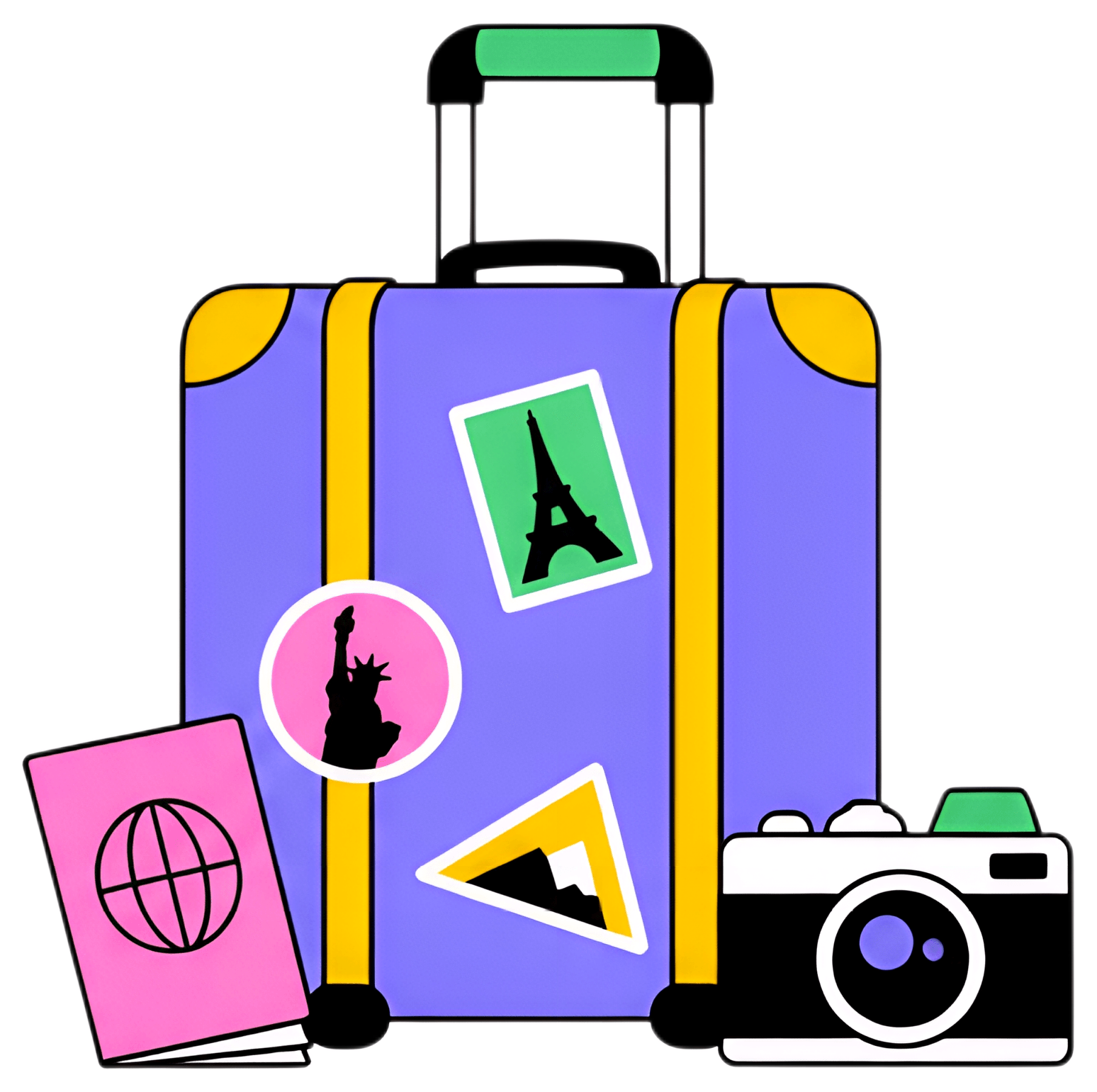 A flat illustration featuring a colorful suitcase adorned with various landmark stickers, a pink passport, and a classic camera positioned beside it. The suitcase is predominantly purple with yellow z