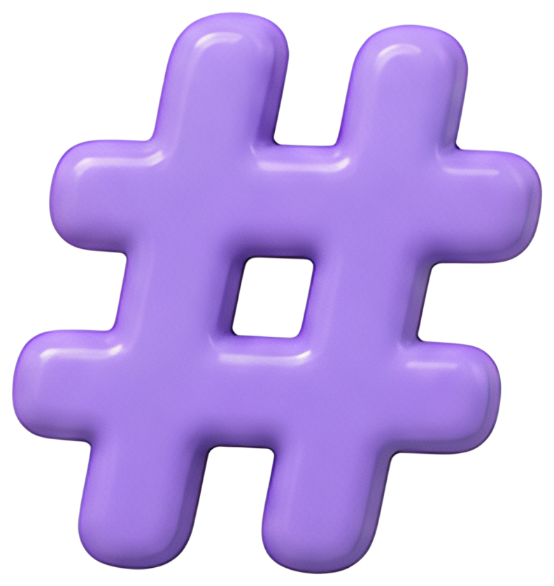 A three-dimensional glossy hashtag symbol depicted in a soft purple color, showcasing rounded edges and a shiny finish. The icon appears visually appealing with a smooth texture, emphasizing its bold,