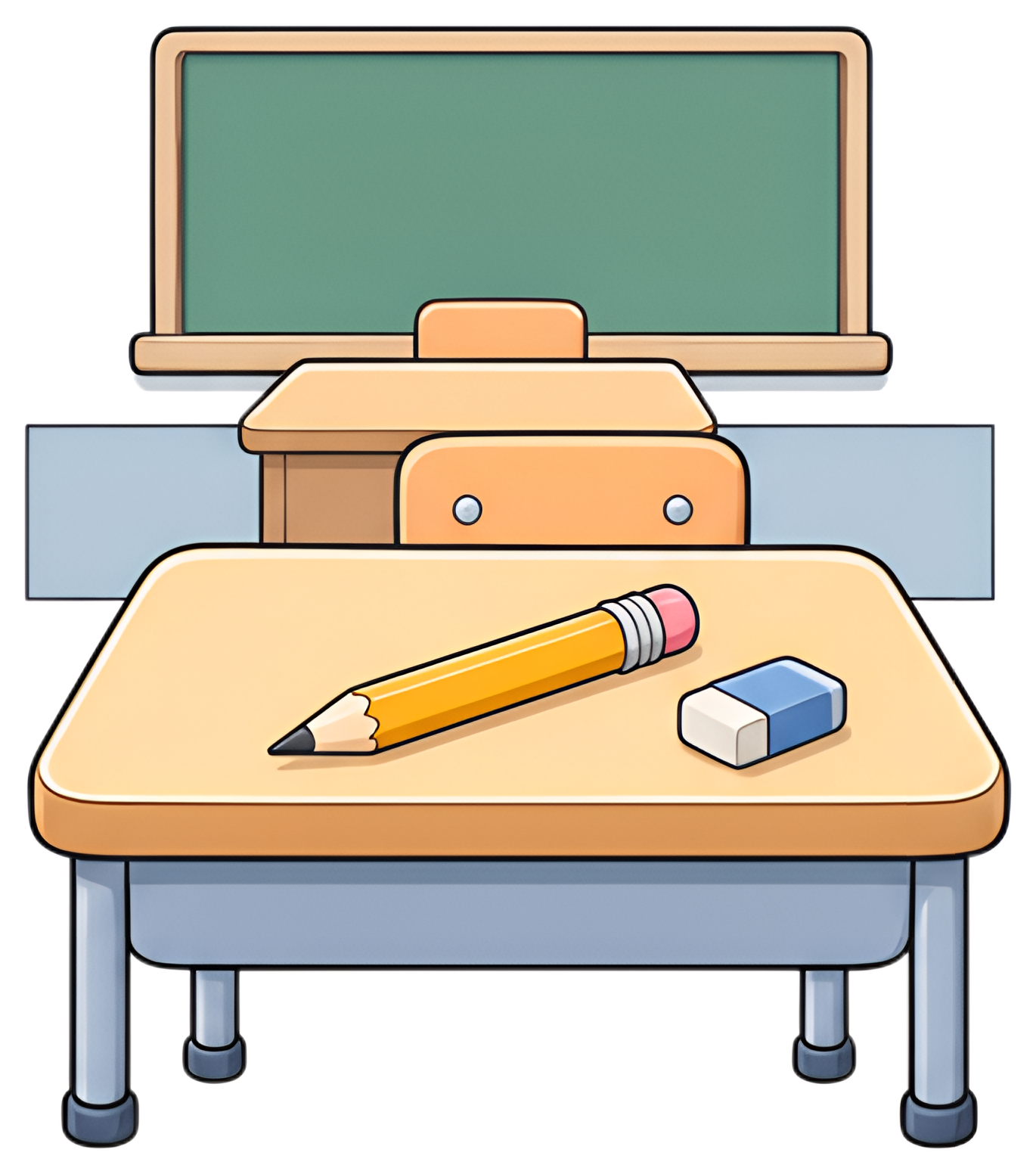 A serene classroom scene featuring a single yellow pencil and an eraser on a wooden desk. The soft pastel tones create a calming atmosphere, with a chalkboard in the background and a minimalist layout