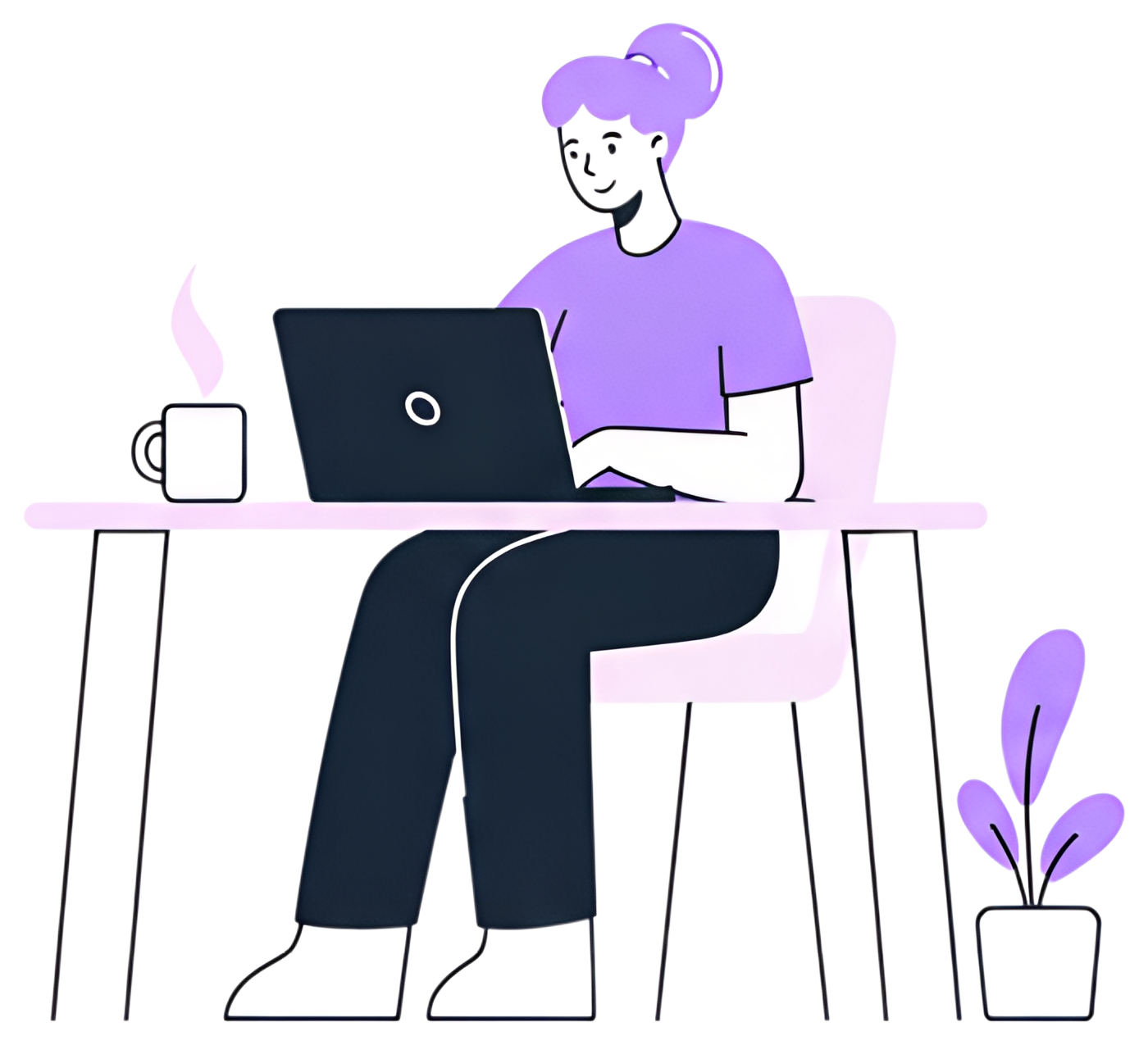 A freelancer is seated at a desk, focused on a laptop with a cup of coffee beside them. The scene features soft purple tones, a plant nearby, and a cozy, comfortable atmosphere.