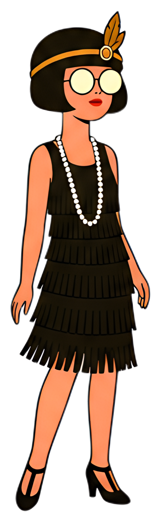 A fashionable girl from the 1920s with a bob haircut, wearing a fringed black dress and a pearl necklace. She accessorizes with round glasses and a headband featuring a feather, embodying the classic 