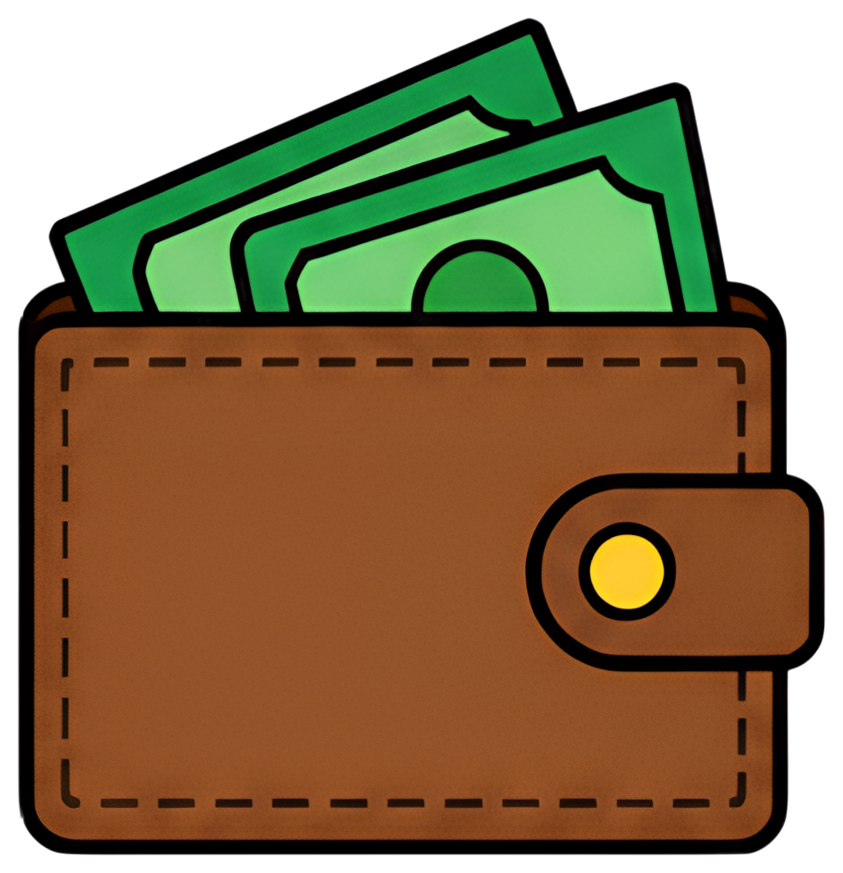 A brown wallet is shown with several green bills partially visible inside. The wallet features a yellow button and dashed stitching detail, emphasizing its design.