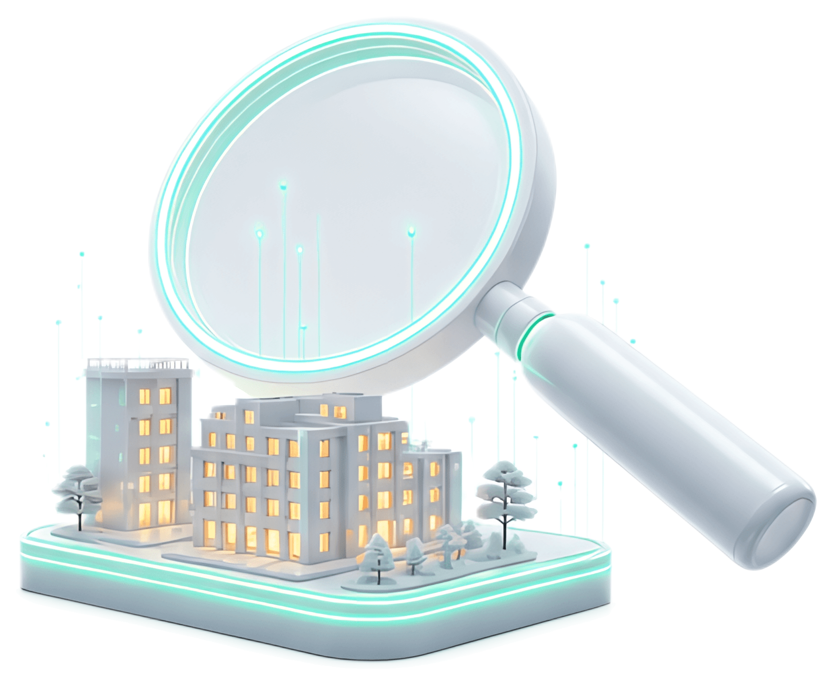 A white 3D magnifying glass with a neon teal outline is positioned above a small floating building model. The scene includes light particles emanating from the model, creating a vibrant and modern sci