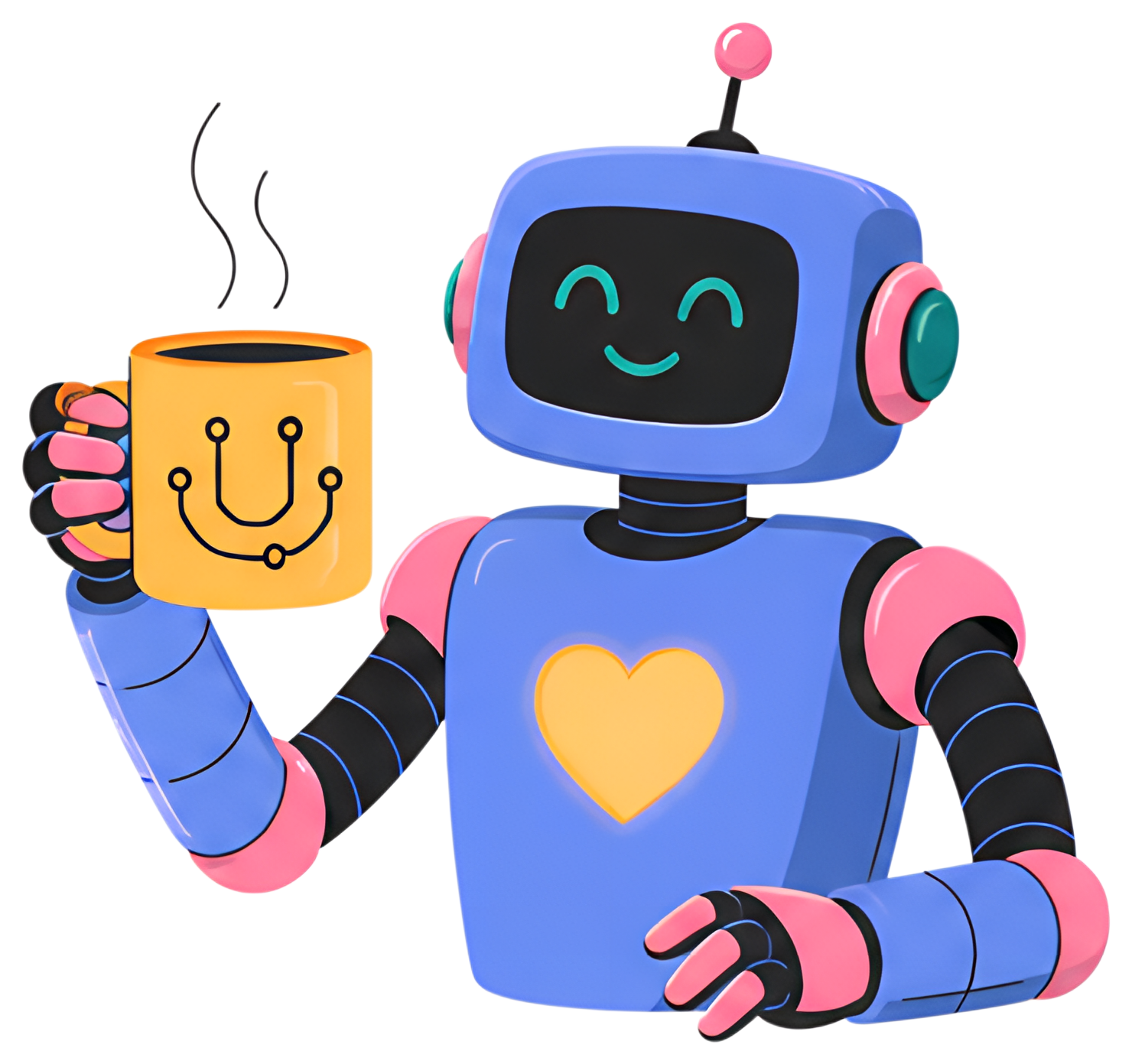 A cheerful robot with a glowing heart and a friendly expression holds a coffee mug displaying a smiley face made of circuit traces. The robot features vibrant blue and pink accents, adding a playful,