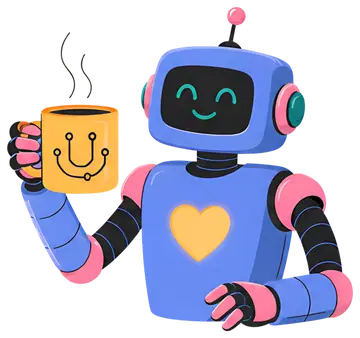 Cheerful robot with glowing heart and coffee mug