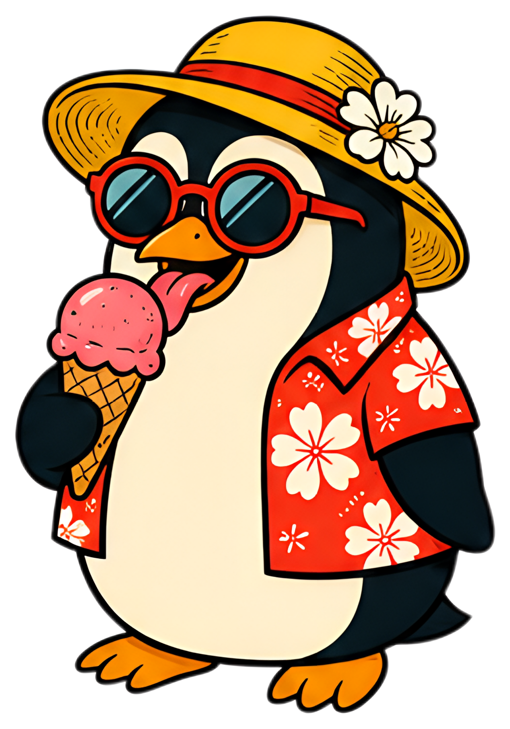 A cheerful penguin wearing large round sunglasses and a straw hat, adorned with a flower, enjoys a pink ice cream cone. It is dressed in a vibrant red Hawaiian shirt with white floral patterns, adding